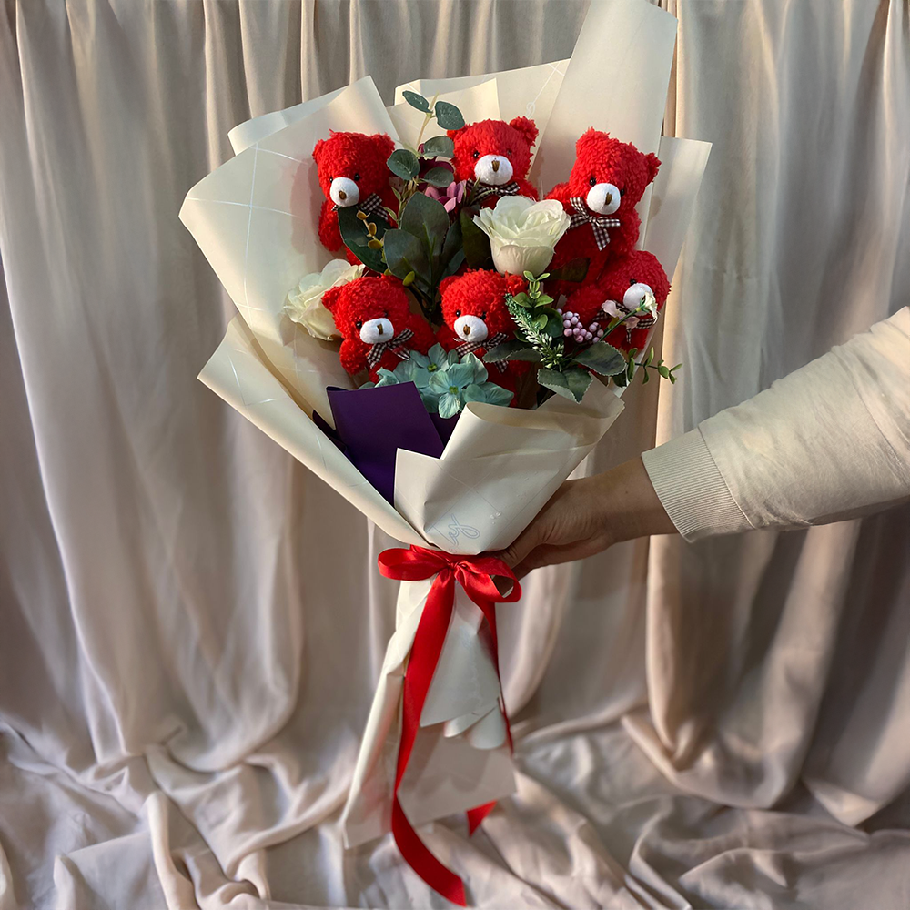 Yapay Çiçekli Teddy Buket