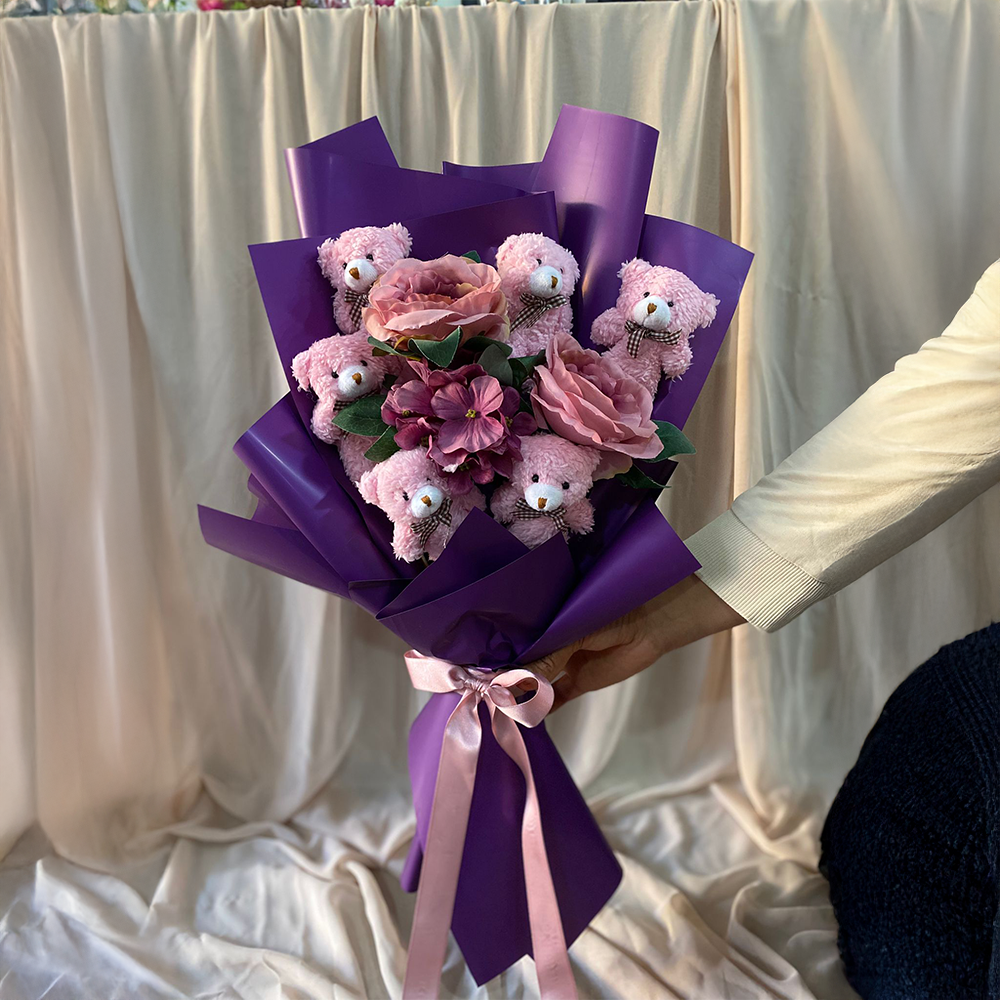 Yapay Çiçekli Teddy Buket